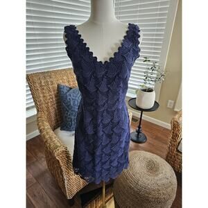 Lilly Pulitzer Reeve Navy Blue Sailboat Lace Sheath Dress Size 4 V-Neck Nautical